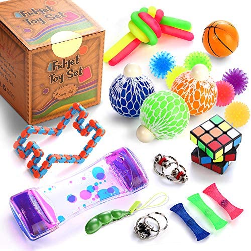 Toys and Games for Autistic Children: Sensory Fidget Toys Set, 25 Pcs., Stress Relief and Anti-Anxiety Tools Bundle for Kids and Adults, Marble and Mesh, Pack of Squeeze Balls, Soybean Squeeze, Flippy Chain, Liquid Motion Timer & More