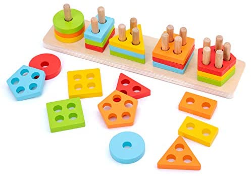 Toys for Toddlers: WOOD CITY Wooden Sorting & Stacking Toy, Shape Sorter Toys for Toddlers, Montessori Color Recognition Stacker, Early Educational Block Puzzles for 1 2 3 Years Old Boys and Girls (5 Shapes)