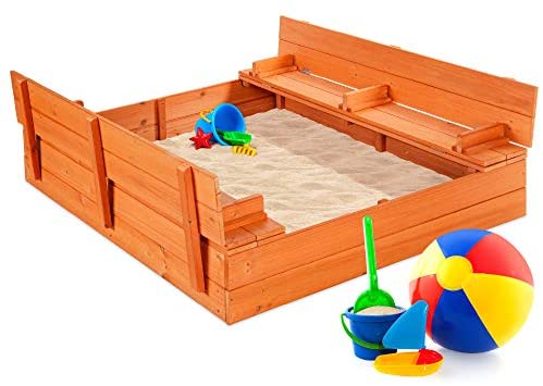 Toys for Babies Under One: Best Choice Products 47×47-Inch Kids Wooden Outdoor Sandbox w/ 2 Foldable Bench Seats, Sand Protection, Liner – Brown