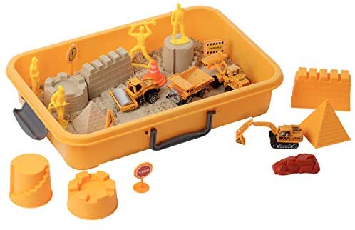 Toys and Games for Autistic Children: Tractor Sand Play Set, Sensory Toys for Kids W/ 2 Lbs of Sand, Construction Signs & Cones, Working Figures, 4 Mold Set and Road Roller, Dump Truck, Excavator & Bulldozer for 3, 4, 5 Year Old Toddlers,