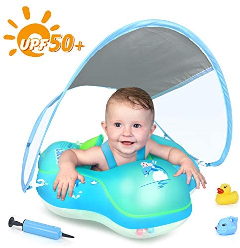 Toys for Babies Under One: LAYCOL Baby Swimming Float Inflatable Baby Pool Float Ring Newest with Sun Protection Canopy,add Tail no flip Over for Age of 3-36 Months …