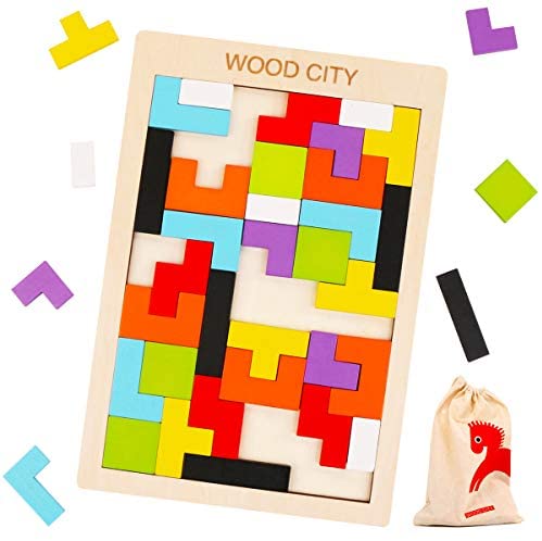 Toys and Games for Autistic Children: Wooden Tetris Puzzle with a Storage Bag – WOOD CITY Tangram Puzzles for Kid & Adult – Montessori Brain Teasers Toys for Kids ages 4-8 – Colorful Blocks Game – 40 Pcs STEM Educational Gift for Toddlers