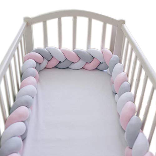 Toys for Babies Under One: LOAOL Baby Crib Bumper Knotted Braided Plush Nursery Cradle Decor Newborn Gift Pillow Cushion Junior Bed Sleep Bumper (4 Meters, White-Gray-Rose)