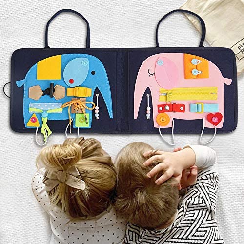 Toys for Toddlers: FUNNY SUPPLY Toddler Busy Board – 16 Sensory Toys for Fine Motor Skills – Montessori Basic Skills Educational Learn to Dress Latches Toy, Elephant Board Soft Foldable Travel Board, Car Airplane