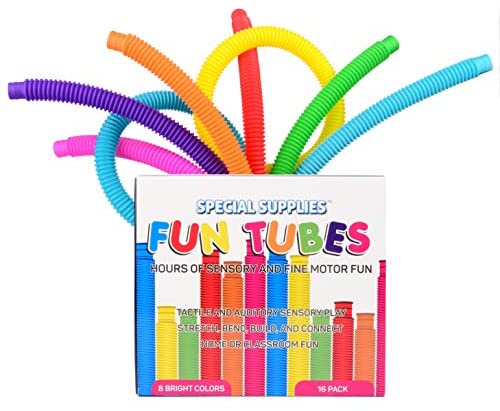 Toys and Games for Autistic Children: Special Supplies 16-Pack Fun Pull Pop and Fun Tubes for Kids Stretch, Bend, Build, and Connect Toy, Provide Tactile and Auditory Sensory Play, Colorful, Heavy-Duty Plastic