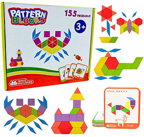Toys and Games for Pre-Schoolers: WhizBuilders Wooden Pattern Blocks Shape Puzzle Tangram Montessori Homeschool Kindergarten Toys – Learning Educational Stem Games Activities for Kids Toddlers Girls Boys Ages 3-5 4-8 , 155 Pcs