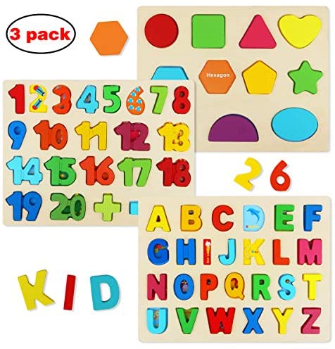 Toys and Games for Autistic Children: Wooden Puzzles for Toddlers, Aitey Wooden Alphabet Number Puzzles Toddler Learning Puzzle Toys for Kids Ages 2 3 4 (Set of 3)