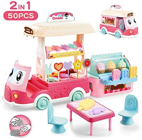 Toys for Toddlers: BeebeeRun Ice Cream Cart Toys for Toddlers – 50 PCS Ice Cream Truck for Kids and Play Food Selling Car with Ice Cream Candy Lollipop, Gift for 2 3 4 5 Year Old Girls