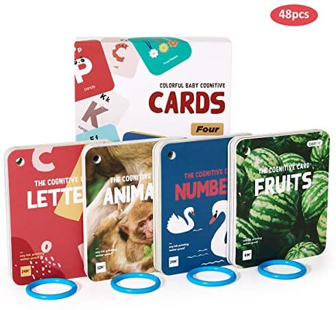 Toys and Games for Pre-Schoolers: beiens Flash Cards Set with Alphabet Numbers Animals Fruit, 48 Pcs Double-Sided ABC Flashcards with Rings Preschool Learning Toys Education Games for Toddlers Brain Development Activities