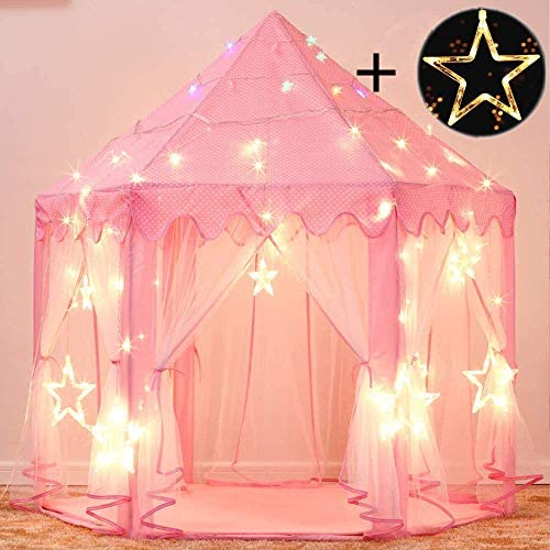 Toys and Games for Autistic Children: Sumbababy Princess Castle Tent for Girls Fairy Play Tents for Kids Hexagon Playhouse with Large Star Lights Toys for Children or Toddlers Indoor or Outdoor Games (Pink)
