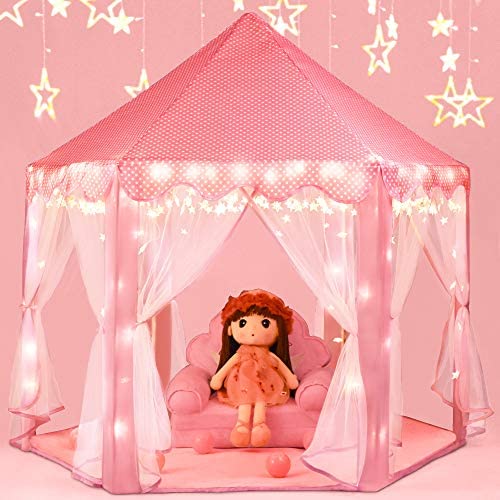 Toys and Games for Autistic Children: Moncoland Princess Castle Girls Play Tent Toy Kids Large Fairy Playhouse Gift for Children Toddlers Indoor and Outdoor Games with Star Lights(Pink)