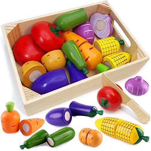 Toys for Toddlers: Wooden Play Food for Kids Kitchen toys for toddlers Cutting Pretend Toy Food wooden Fruits Vegetables Gift for Boys Girls Educational Toys