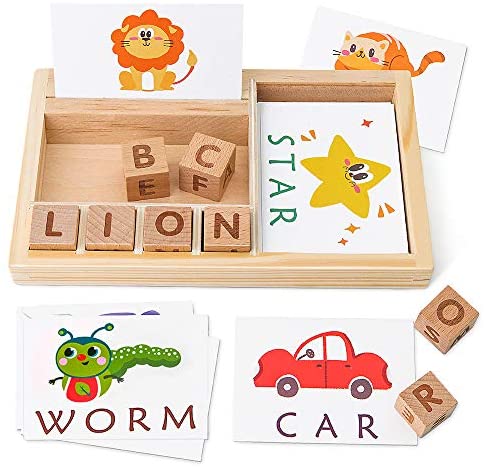 Toys and Games for Pre-Schoolers: Coogam Spelling Games, Wooden Matching Letters Toy with Words Flash Cards, Alphabet ABC Learning Educational Montessori Puzzle Gift for Preschool Kids Boys Girls Age 3 4 5 Years Old