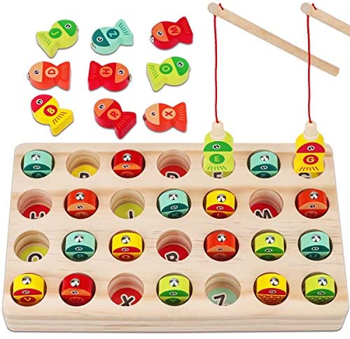 Toys for Toddlers: Apfity Wooden Magnetic Fishing Game for Kids, Magnetic Fishing Toy for Toddlers, ABC Alphabet Letters Cognition Montessori Toy for 2 3 4 Years Old Early Learning with 2 Poles