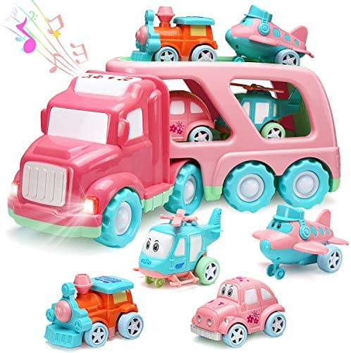 Toys for Toddlers: Carrier Car Toy Set(5 in 1) with Lights and Sounds, Pink Toy for Girl Toddler Kid, Friction Powered Double Layer Transport Truck with Cartoon Vehicles, Child Play Birthday Gift Christmas Party Favors