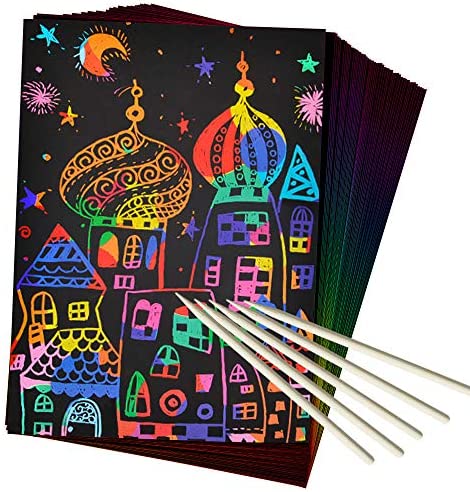 Toys and Games for Pre-Schoolers: ZMLM Scratch Paper Art Set, 50 Piece Rainbow Magic Scratch Paper for Kids Black Scratch it Off Art Crafts Notes Boards Sheet with 5 Wooden Stylus for Easter Party Game Christmas Birthday Gift