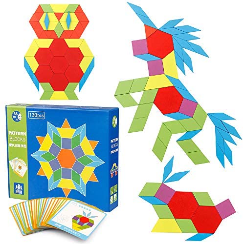 Toys and Games for Pre-Schoolers: Coogam Wooden Pattern Blocks Set 130PCS Geometric Manipulative Shape Puzzle – Graphical Early Educational Montessori Tangram Toys Brain Teasers STEM Gift for Kids with 24 Pcs Design Cards