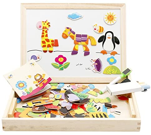 Toys and Games for Autistic Children: Lewo Wooden Educational Toys Magnetic Art Easel Animals Wooden Puzzles Games for Kids