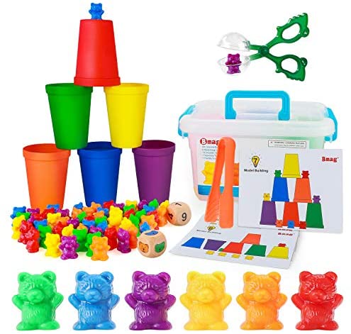 Toys and Games for Pre-Schoolers: BMAG Counting Bears with Matching Sorting Cups,Pre-School Math Learning Games with 2 Dices,Color Recognition STEM Educational Toy for Toddler Bonus Scissor Tong, Tweezers, Storage Box, Activity Cards