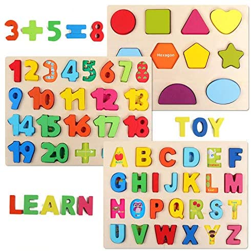Toys for Babies Under One: Wooden Puzzles for Toddlers, QZM Wooden Alphabet Number Shape Puzzles Toddler Learning Puzzle Toys for Kids, 3 in 1 Puzzle for Toddlers, Age 3+ (Set of 3)