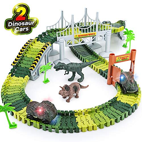 Toys and Games for Autistic Children: Dinosaur Toys,156pcs Create A Dinosaur World Road Race,Flexible Track Playset and 2 pcs Cool Dinosaur car for 3 4 5 6 Year & Up Old boy Girls Best Gift