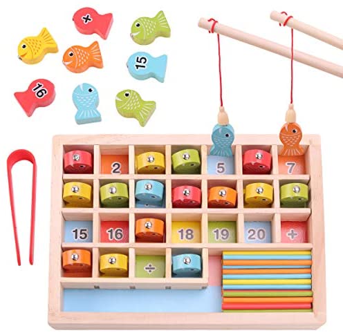 Toys and Games for Pre-Schoolers: GEMEM Wooden Magnetic Fishing Game, Number Fish Catching Counting Preschool Games for Kids Math Learning Education Toys for 3 4 5 6 Year Old Boy Girl with 2 Magnet Poles