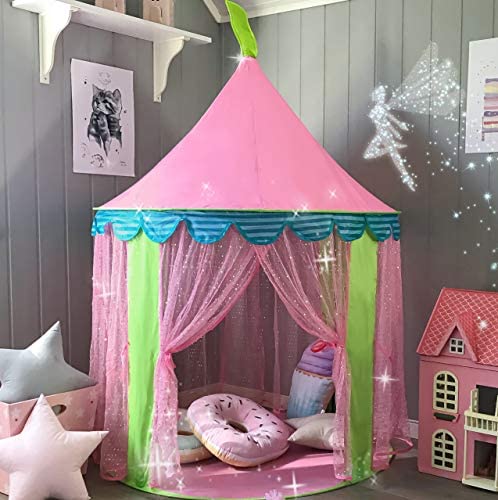 Toys and Games for Autistic Children: Kids Tent Princess Castle for Girls – Glitter Castle Pop Up Play Tent with Fairy Stick and Tote Bag- Children Playhouse Toy for Indoor and Outdoor Game 41″ X 55“(DxH)