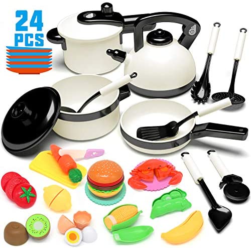 Toys for Toddlers: KIDPAR 24PCS Play Kitchen Set for Kids, Pretend Cooking Kit Including Pots and Pans,Cutting Play Food and Other Utensils Accessories, Gift Toys for Toddlers, Baby, Girls, Boys