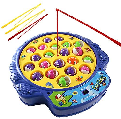 Toys and Games for Pre-Schoolers: Haktoys Fishing Game Toy Set with Rotating Board | Now with Music On/Off Switch for Quiet Play | Includes 21 Fish and 4 Fishing Poles | Safe and Durable Gift for Toddlers and Kids