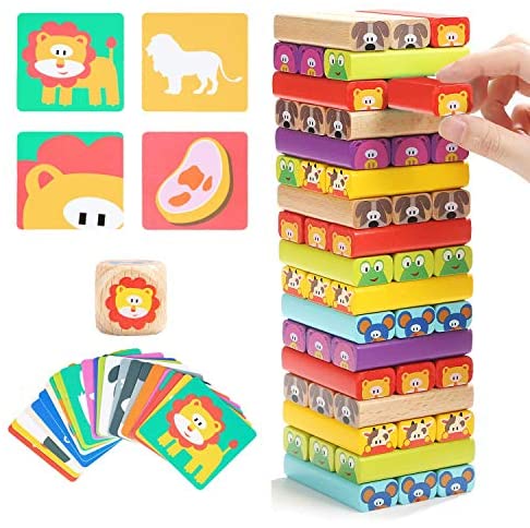 Toys and Games for Pre-Schoolers: TOP BRIGHT Colored Wooden Blocks Stacking Board Games for Kids Ages 4-8 with 51 Pieces