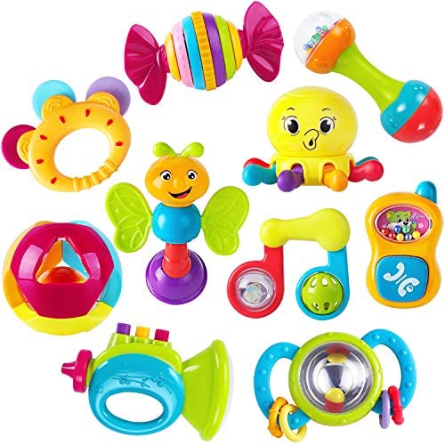Toys for Babies Under One: iPlay, iLearn 10pcs Baby Rattles Teether, Shaker, Grab and Spin Rattle, Musical Toy Set, Early Educational Toys for 3, 6, 9, 12 Month Baby Infant, Newborn