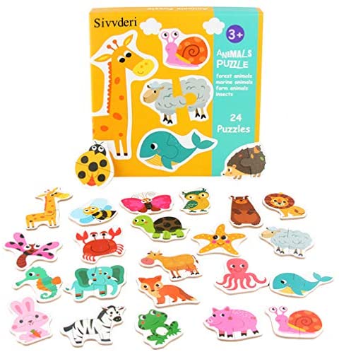 Toys and Games for Pre-Schoolers: Sivvderi Wooden Animals Jigsaw Puzzles, Colorful Animal Shape Puzzles Game for Kids Toddlers Early Educational Toy for Boys Girls Age 3+ Years Old（24 Animal Patterns）