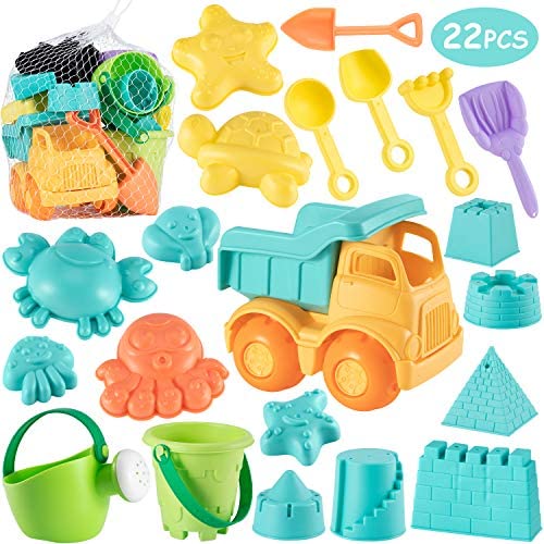 Toys for Toddlers: Beach Sand Toys Set for Kids – 22Pcs Sand Toys with Mesh Bag Includes Sand Truck, Castle Bucket, Watering Can, Shovel Tool Kit, Sand Molds, Sandbox Toys Summer Outdoor Beach Toys for Toddlers Gift