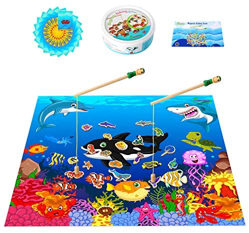 Toys and Games for Pre-Schoolers: MEIGO Magnetic Wooden Fishing Game – Toddler Alphabet Number Preschool Learning Board Games w/ Play Mat Educational Toy Gifts for Kids 3 4 5 Year Old Boys Girls (46pcs)