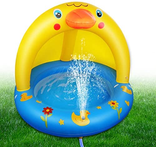Toys for Babies Under One: Inflatable Baby Pool, Kiddie Splash Duck Pool with Shade Sprinkler, Outdoor Water Toys Summer Kiddy Plastic Blow up Swimming Pool Outside Backyard for Kid Toddler Boy Girl Age 1-2 1-3 2-4 Year Old