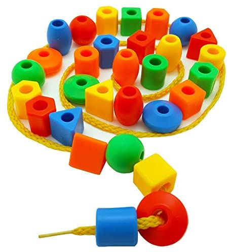 Toys and Games for Autistic Children: Skoolzy Preschool Large Lacing Beads for Kids – 30 Stringing Beads with 2 Strings Toddler Crafts with Travel Tote – Montessori Toys for Toddlers Occupational Therapy Fine Motor Skills Toys Autism OT