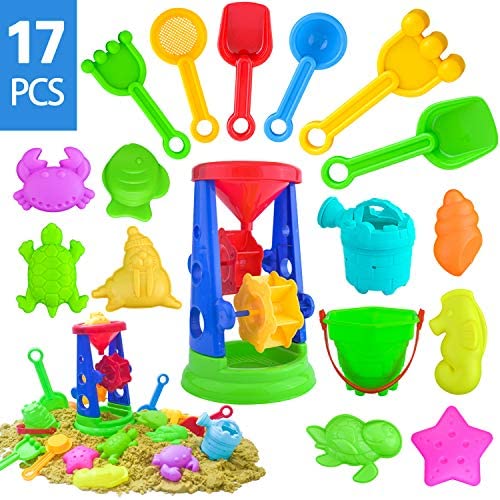 Toys for Toddlers: Qutasivary 17pcs Beach Sand Toys Set for Kids with Sand Water Wheel, Beach Bucket, Shovel Tool Kits, Watering Can and Models & Molds in A Mesh Bag, Outdoor Beach Toys for Toddlers