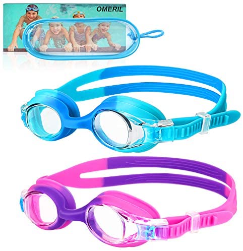 Toys and Games for Pre-Schoolers: OMERIL Swim Goggles, 2 Packs Anti-Fog Leak Proof Kids Swimming Goggles. Flexible Nose Bridge, 3D Tight Fit Design, Wide View Swim Glasses with Portable Case for Children and Teens (Age 6-14)