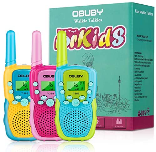 Toys and Games for Pre-Schoolers: Obuby Walkie Talkies for Kids, 22 Channels 2 Way Radio Kid Gift Toy 3 KMs Long Range with Backlit LCD Flashlight Best Gifts Toys for Boys and Girls to Outside Adventure , Camping (Blue&Pink&Yellow)