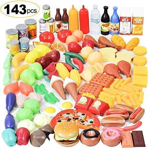 Toys for Toddlers: Shimfun Play Food Set, 143 Piece Play Food for Kids Kitchen – Toy Food Assortment – Pretend Food for Toddler – Food Toys – Bonus Water Bottle + Deluxe Color Box Packaging + Storage Bag