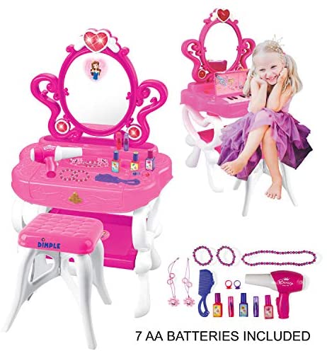 Toys for Babies Under One: 2-in-1 Musical Piano Vanity Set Girls Toy Makeup Accessories with Working Piano & Flashing Lights, Big Mirror, Pretend Cosmetics, Hair Dryer – Princess Image Appears in Mirror, 7 AA Batteries Included