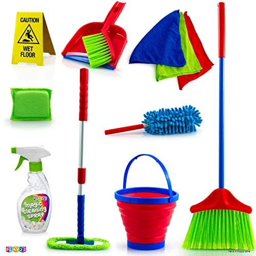 Toys for Toddlers: Play22 Kids Cleaning Set 12 Piece – Toy Cleaning Set Includes Broom, Mop, Brush, Dust Pan, Duster, Sponge, Clothes, Spray, Bucket, Caution Sign, – Toy Kitchen Toddler Cleaning Set – Original