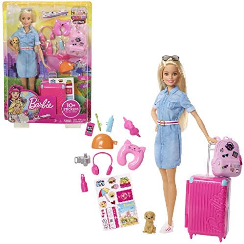 Toys for Babies Under One: ​Barbie Travel Doll, Blonde, with Puppy, Opening Suitcase, Stickers and 10+ Accessories, for 3 to 7 Year Olds​​​, Multicolor