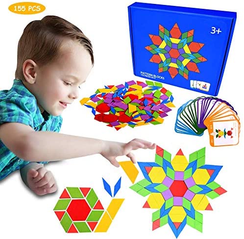 Toys and Games for Pre-Schoolers: JIAHCN 155 Pcs Wooden Pattern Blocks Set Animals Jigsaw Shape Fun Puzzle for Hours Geometry Puzzles Kids Ages 4-8 Early Montessori Learning Games Toys Toddlers Stem Activities with 24 Designed Cards