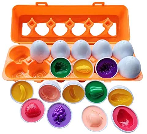 Toys and Games for Pre-Schoolers: J-hong Matching Eggs Educational Color & Shape Recognition Sorter Puzzle Skills Learning Toy, Know Vegetables Fruits Color & Shape Egg Set. for 1 2 3 Years Old Toddlers Kids. (12 Eggs)