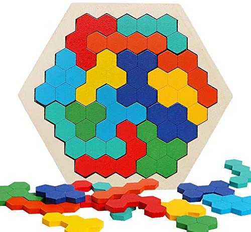 Toys and Games for Autistic Children: Wooden Hexagon Puzzle for Kid Adults, Colorful Shape Pattern Block Tangram Brain Teaser Toy Geometry Logic IQ Game STEM Montessori Educational Gift for All Ages Challenge Children