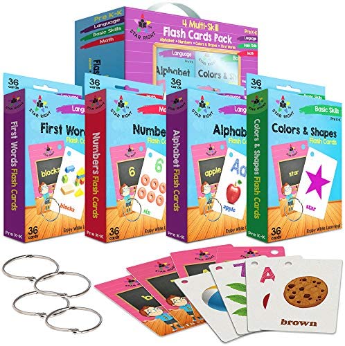 Toys and Games for Pre-Schoolers: Star Right Flash Cards Set of 4 – Numbers, Alphabets, First Words, Colors & Shapes – Value Pack Flash Cards with Rings for Pre K – K