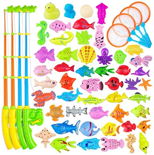 Toys and Games for Pre-Schoolers: AUUGUU Magnetic Fishing Game Water Toy – 4 Fishing Poles with Working Reels, 4 Nets and 50 Colorful Magnetic Fish for Kiddie Pool, Water Table or Bath Fun – Toddler Toy for Ages 3-5 (58 Pieces)