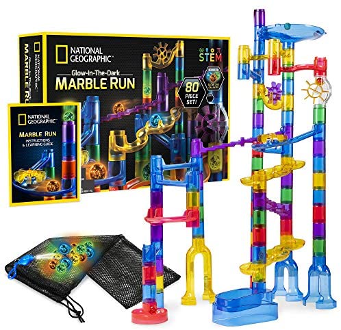 Toys and Games for Pre-Schoolers: NATIONAL GEOGRAPHIC Glowing Marble Run – 80 Piece Construction Set with 15 Glow in the Dark Glass Marbles, Mesh Storage Bag & Marble Pouch, Great Creative Stem Toy for Girls & Boys