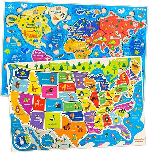 Toys and Games for Pre-Schoolers: United States and World Map Puzzle for Kids Ages 4 5 6 7 8, Wooden USA Map and World Jigsaw Puzzles for Learning Capitals Countries Animals, Educational Preschool Wood Puzzles Toys for Kids Ages 3-5